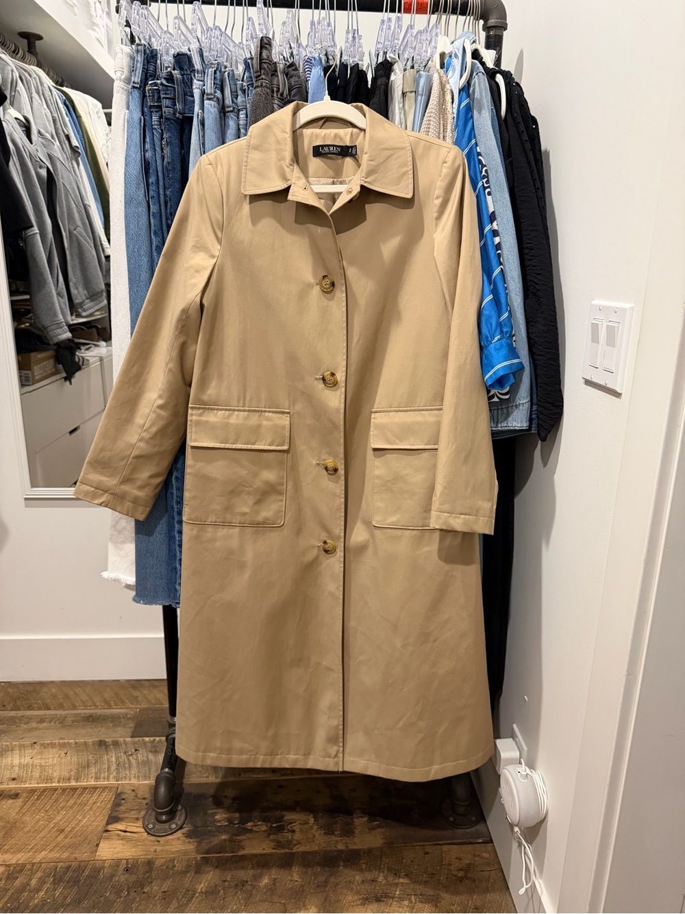 Lauren Ralph Lauren Tan Single-Breasted Maxi Trench Coat with Flap Pockets